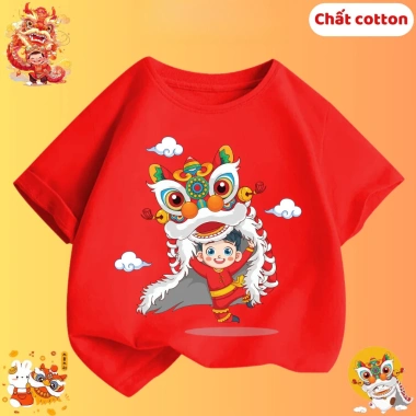 Áo trung thu cho bé hình bé múa lân dễ thương áo thun cộc tay bé trai bé gái chất cotton