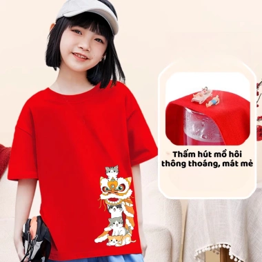 Áo trung thu cho bé hình bé múa lân dễ thương áo thun cộc tay bé trai bé gái chất cotton