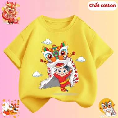 Áo trung thu cho bé hình bé múa lân dễ thương áo thun cộc tay bé trai bé gái chất cotton