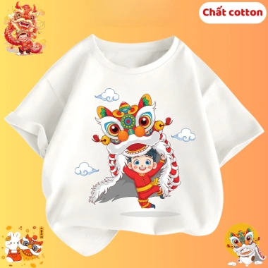 Áo trung thu cho bé hình bé múa lân dễ thương áo thun cộc tay bé trai bé gái chất cotton
