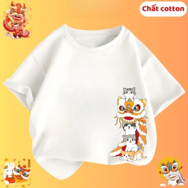 Áo trung thu cho bé hình bé múa lân dễ thương áo thun cộc tay bé trai bé gái chất cotton