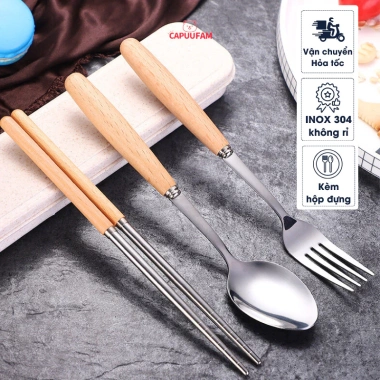 Bộ đũa thìa CAPUUFAM, hộp đựng cá nhân gỗ cao, phù hợp văn phòng và đi du lịch, chỉ 28.000₫ 6