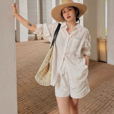 Bộ Quần Đùi Nữ Đi Biển Mùa Hè - Mcoco - Sơ Mi Đũi Trắng Mát Mẻ Giá Cực Tốt 184k
