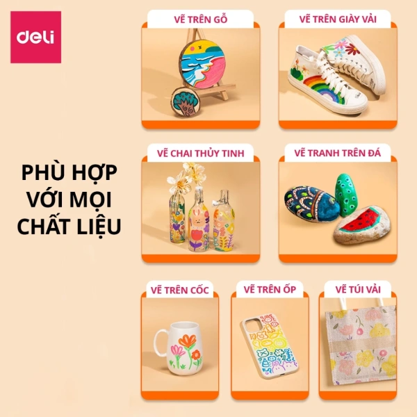 Hình ảnh sản phẩm Bút Sơn Acrylic Marker Deli Chính Hãng 80% mực, 12‑64 màu, giá 8.000đ - Vẽ trên mọi chất liệu