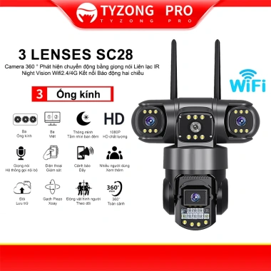 Camera TYZONG 3 Mắt Giám Sát Ngoài Trời Xoay 360 độ Xem Đêm Có Màu Không Dây IP66 Thông Minh chống nước - FHD 12MP