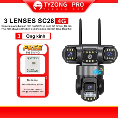 Camera TYZONG 3 Mắt Giám Wifi Sát Ngoài Trời Xoay 360 độ Xem Đêm Có Màu Không Dây IP66 4G Sim Thông Minh chống nước