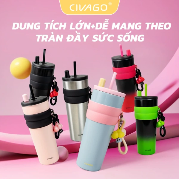 Hình ảnh sản phẩm CIVAGO (26oz) bình giữ nhiệt có ống hút lót gốm Cốc Cà phê 304 ly giữ nhiệt tráng men sứ 750ml