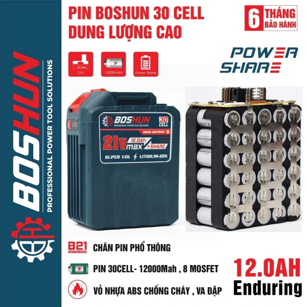 Hướng dẫn lựa chọn pin sạc cho công trình: Tìm hiểu thông số 21V 12Ah của BOSHUN BS-CB30
