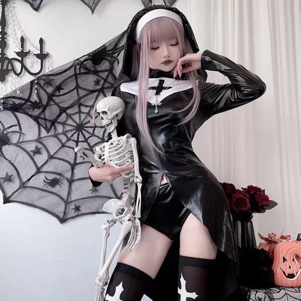 Hình ảnh sản phẩm Cosplay nữ tu sĩ da bóng Sexy - Hóa trang The Nun Valak kèm quần lót nội y và tất Halloween 251.230 VND