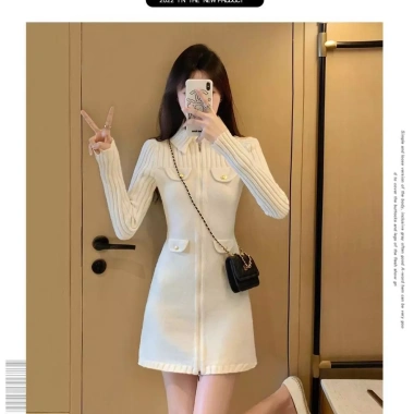 Đầm dệt kim nữ Chanel thu đông slim fit ôm body sang trọng, giảm giá 499.340₫