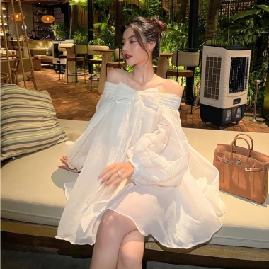 Đầm Ngắn Nữ Babydoll Trễ Vai Tay Bồng Xòe Thắt Nơ 2 Lớp Voan Tơ Cao Cấp - Giảm Giá 139k 2