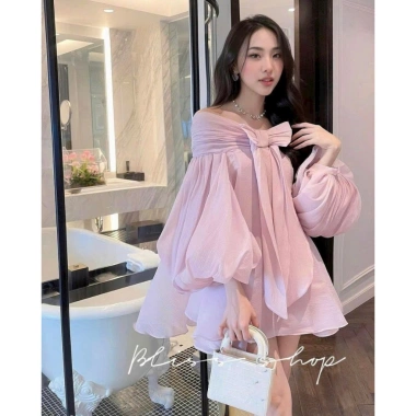 Đầm Ngắn Nữ Babydoll Trễ Vai Tay Bồng Xòe Thắt Nơ 2 Lớp Voan Tơ Cao Cấp - Giảm Giá 139k 4