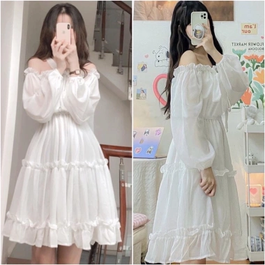 Đầm Ngắn Nữ Babydoll Trễ Vai Tay Bồng Xòe Thắt Nơ 2 Lớp Voan Tơ Cao Cấp - Giảm Giá 139k 6