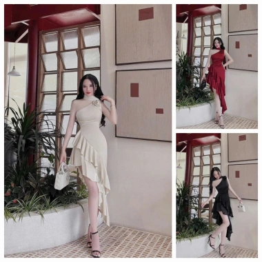 Đầm váy nữ tuyết nhung lệch vai, cổ choker đính bông, dài tầng, sang chảnh tiệc