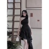 Đầm váy nữ tuyết nhung lệch vai, cổ choker đính bông, dài tầng, sang chảnh tiệc 2