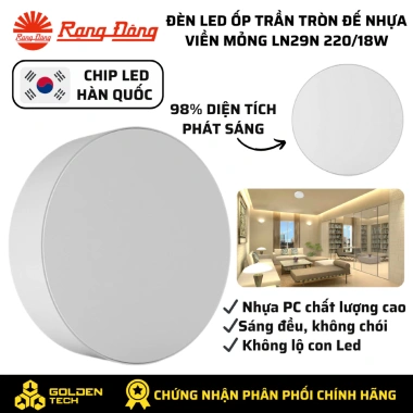 Đèn LED ốp trần tròn đế nhựa viền mỏng ánh sáng tràn viền 18W Rạng Đông LN29N 220/18W