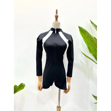 Đồ Bơi Nữ Liền Thân Tay Dài Khóa Kéo ODERI 702 - Bikini Đen Phối Trắng Giá Cực Sốc 135k