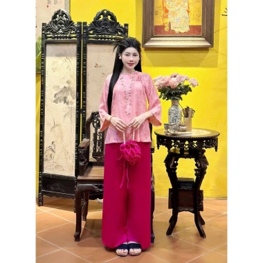 Đồ lam đi lễ chùa lụa tơ tằm cho người trung niên - sang trọng, giảm giá 380.000₫