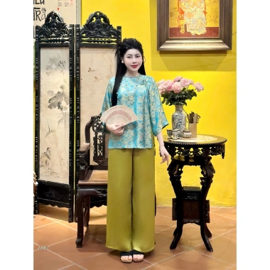 Đồ lam đi lễ chùa lụa tơ tằm cho người trung niên - sang trọng, giảm giá 380.000₫