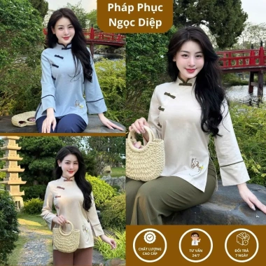 Đồ lam truyền thống khóa tu đi thiền đũi nhật thêu chữ buông, mát mẻ, giảm còn 350k