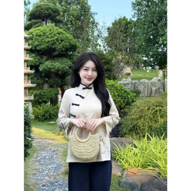 Đồ lam truyền thống khóa tu đi thiền đũi nhật thêu chữ buông, mát mẻ, giảm còn 350k