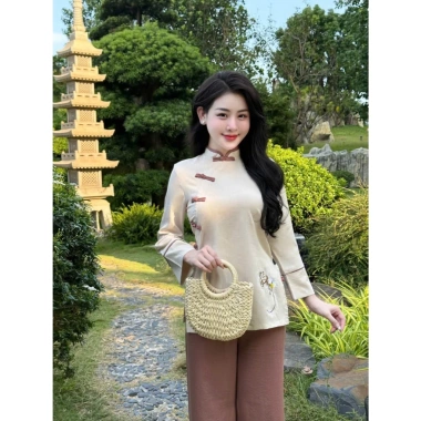 Đồ lam truyền thống khóa tu đi thiền đũi nhật thêu chữ buông, mát mẻ, giảm còn 350k