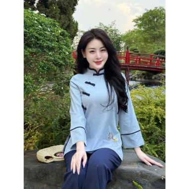 Đồ lam truyền thống khóa tu đi thiền đũi nhật thêu chữ buông, mát mẻ, giảm còn 350k