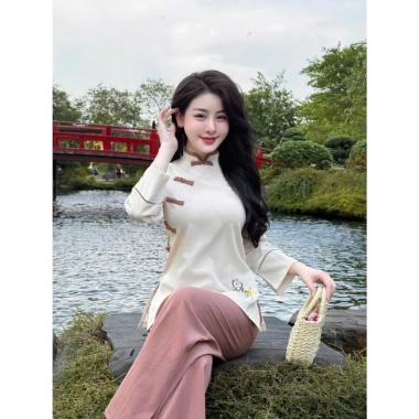 Đồ lam truyền thống khóa tu đi thiền đũi nhật thêu chữ buông, mát mẻ, giảm còn 350k