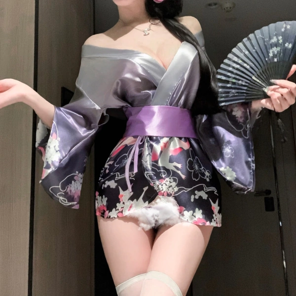 Hình ảnh sản phẩm Đồ ngủ cosplay kimono sexy Nhật Bản, váy ngủ lụa mỏng có đai lưng nhẹ thoáng