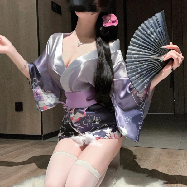 Hình ảnh sản phẩm Đồ ngủ cosplay kimono sexy Nhật Bản, váy ngủ lụa mỏng có đai lưng nhẹ thoáng
