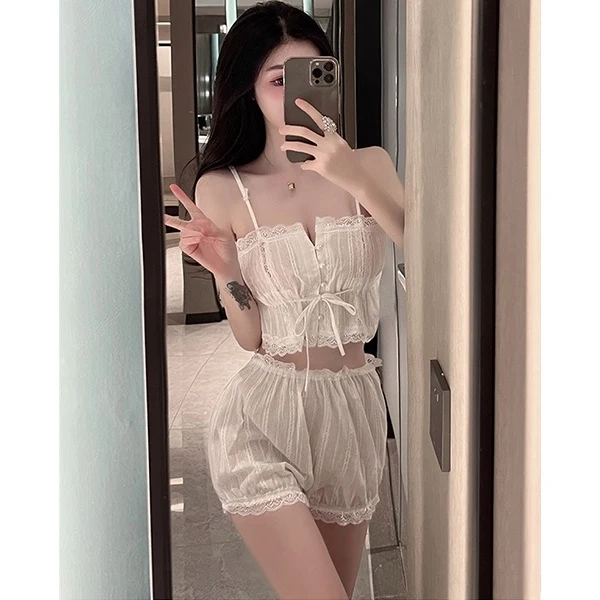 Hình ảnh sản phẩm Đồ ngủ sexy áo 2 dây quyến rũ set ngủ mỏng trắng thoáng mát BIKI HOUSE N120 - Hỏa Tốc