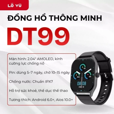 Đồng hồ thông minh DT99, Màn Amoled, Kính cường lực, Hỗ trợ sức khoẻ, Hỗ trợ tiếng Việt - Levu01, lỗ vũ, vuabanlo