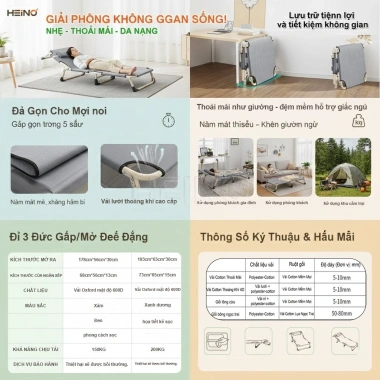HEINO Giường Gấp Đa Chức Năng Di Động Giường Xếp Điều Chỉnh Được Độ Ngả Khung Thép Sơn Tĩnh Điện