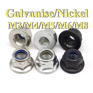 Kẽm trắng / Kẽm đen / Nắp vít mạ niken Mặt bích Đai ốc khóa Nylon Đai ốc khóa mạ kẽm có miếng đệm M3 / M4 / M5 / M6 / M8 GHA