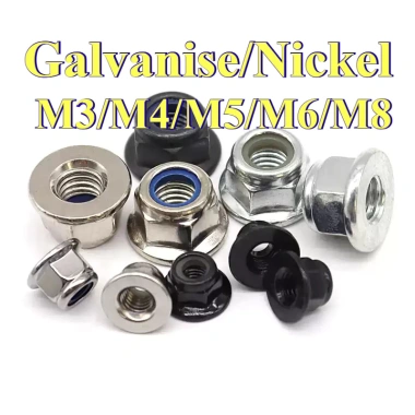 Kẽm trắng / Kẽm đen / Nắp vít mạ niken Mặt bích Đai ốc khóa Nylon Đai ốc khóa mạ kẽm có miếng đệm M3 / M4 / M5 / M6 / M8 GHA