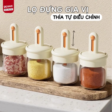 Lọ Đựng Gia Vị Thủy Tinh Kèm Thìa Điều Chỉnh Tiện Lợi, Hũ Đựng Gia Vị, Hạt Nêm