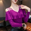 MIOU Áo Trễ Vai Cổ Chữ V Phong Cách Châu Âu Cho Nữ, Tay Áo Xếp Nếp Hạt Móng Tay, Lưới Mỏng Vừa Vặn