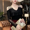 MIOU Áo Trễ Vai Cổ Chữ V Phong Cách Châu Âu Cho Nữ, Tay Áo Xếp Nếp Hạt Móng Tay, Lưới Mỏng Vừa Vặn 3