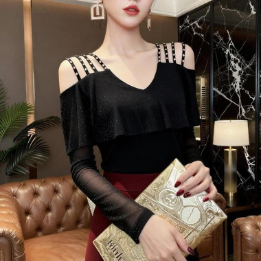 MIOU Áo Trễ Vai Cổ Chữ V Phong Cách Châu Âu Cho Nữ, Tay Áo Xếp Nếp Hạt Móng Tay, Lưới Mỏng Vừa Vặn 3