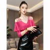 MIOU Áo Trễ Vai Cổ Chữ V Phong Cách Châu Âu Cho Nữ, Tay Áo Xếp Nếp Hạt Móng Tay, Lưới Mỏng Vừa Vặn 4