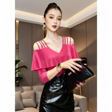 MIOU Áo Trễ Vai Cổ Chữ V Phong Cách Châu Âu Cho Nữ, Tay Áo Xếp Nếp Hạt Móng Tay, Lưới Mỏng Vừa Vặn 4