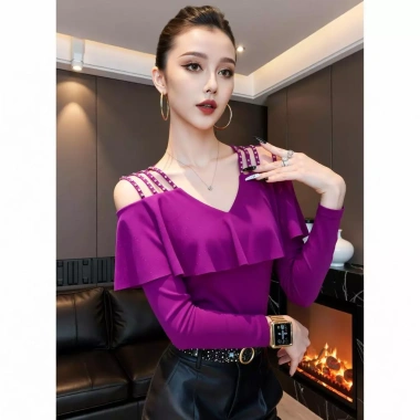 MIOU Áo Trễ Vai Cổ Chữ V Phong Cách Châu Âu Cho Nữ, Tay Áo Xếp Nếp Hạt Móng Tay, Lưới Mỏng Vừa Vặn 5