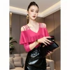 MIOU Áo Trễ Vai Cổ Chữ V Phong Cách Châu Âu Cho Nữ, Tay Áo Xếp Nếp Hạt Móng Tay, Lưới Mỏng Vừa Vặn 10