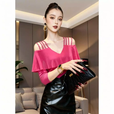 MIOU Áo Trễ Vai Cổ Chữ V Phong Cách Châu Âu Cho Nữ, Tay Áo Xếp Nếp Hạt Móng Tay, Lưới Mỏng Vừa Vặn 10