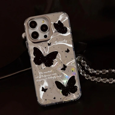 Ốp điện thoại hình bướm đen gợn sóng nước Chuỗi phong cách mát mẻ Thích hợp cho iPhone 12 13 14 Pro Max 15 16 6