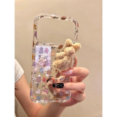 Ốp Lưng iPhone 13‑15‑17 Pro Max Ins Bunny Plush – Vỏ Cứng Chống Sốc, Bảo Vệ Camera