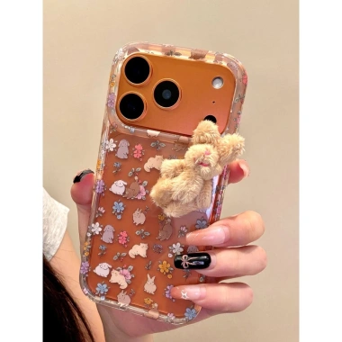 Ốp Lưng iPhone 13‑15‑17 Pro Max Ins Bunny Plush – Vỏ Cứng Chống Sốc, Bảo Vệ Camera
