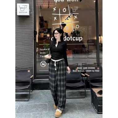 Quần dạ kẻ dáng suông form chuẩn tàu, ống rộng caro thu đông - 130.000đ 8