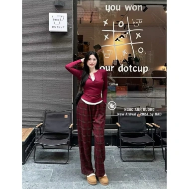 Quần dạ kẻ dáng suông form chuẩn tàu, ống rộng caro thu đông - 130.000đ 9