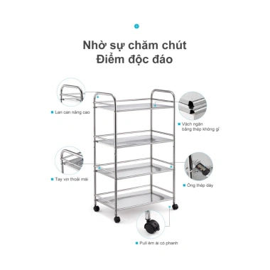 RACK Xe đẩy phòng bếp thép không gỉ - Bán đồ ăn, chống gỉ, bền, sạch, 539.000₫